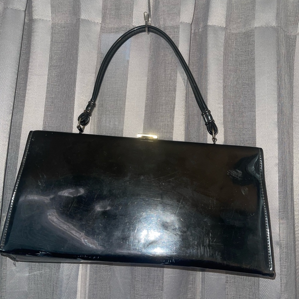 Vintage patent Leather Hinged Top Handle Bag black w/ gold hardware Spilene